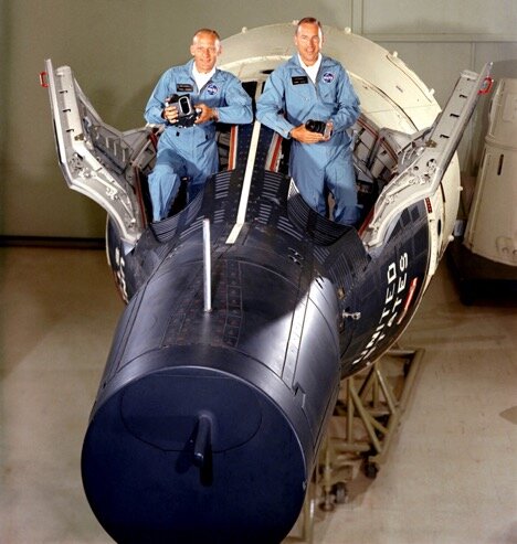 Fig. 1. Mock-up Gemini XII capsule, with Buzz Aldrin (left) and Jim Lovell, during training. Credit: NASA