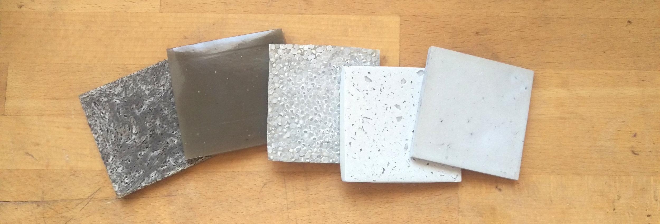 Left to right: 50% Rockite & 50% Resin, 20% Rockite & 80% Resin, embedded plastic beads, embedded glass shards, embedded fiber optics.