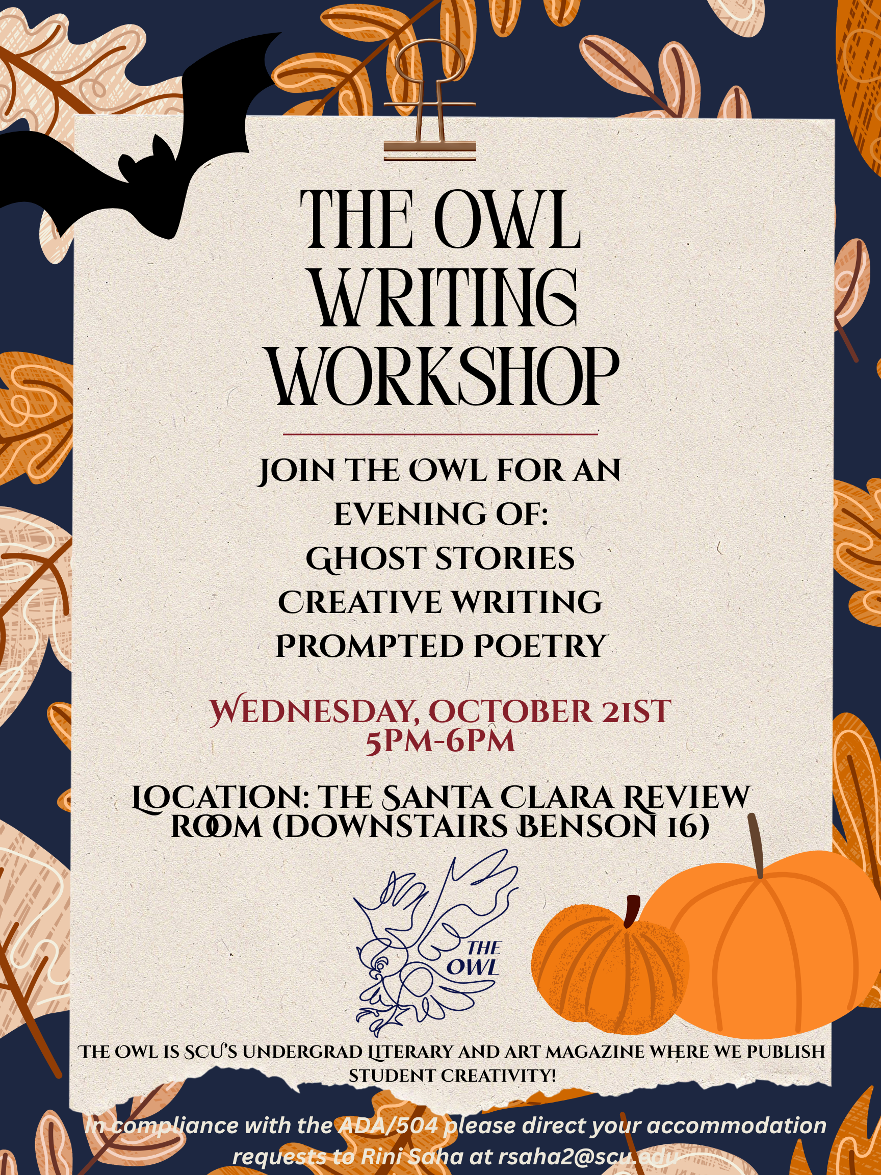 Owl Writing Workshop Fall 2026 October 21st from 5 to 6 pm
