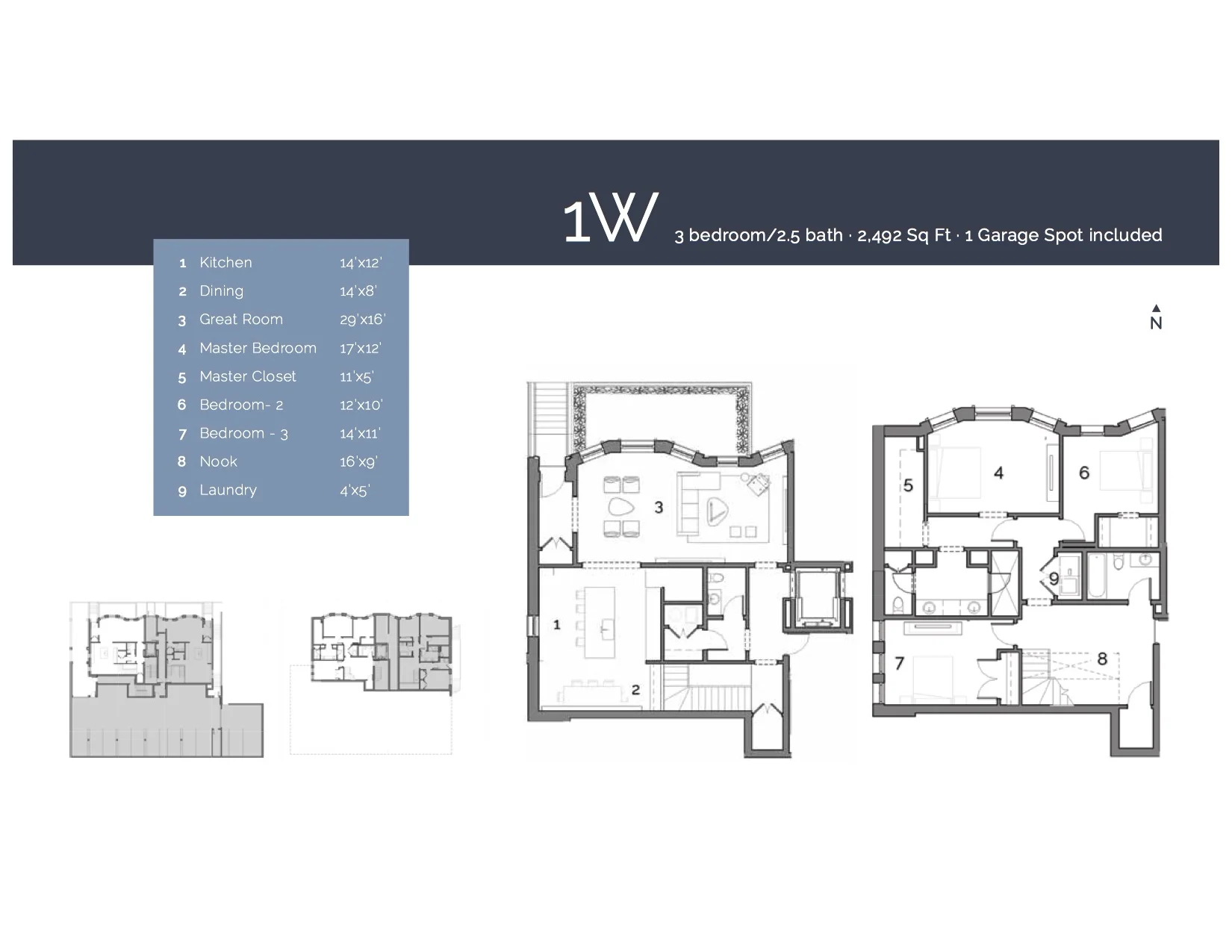 1W — 3 Bedroom/2.5 Bath, 2492 sf.