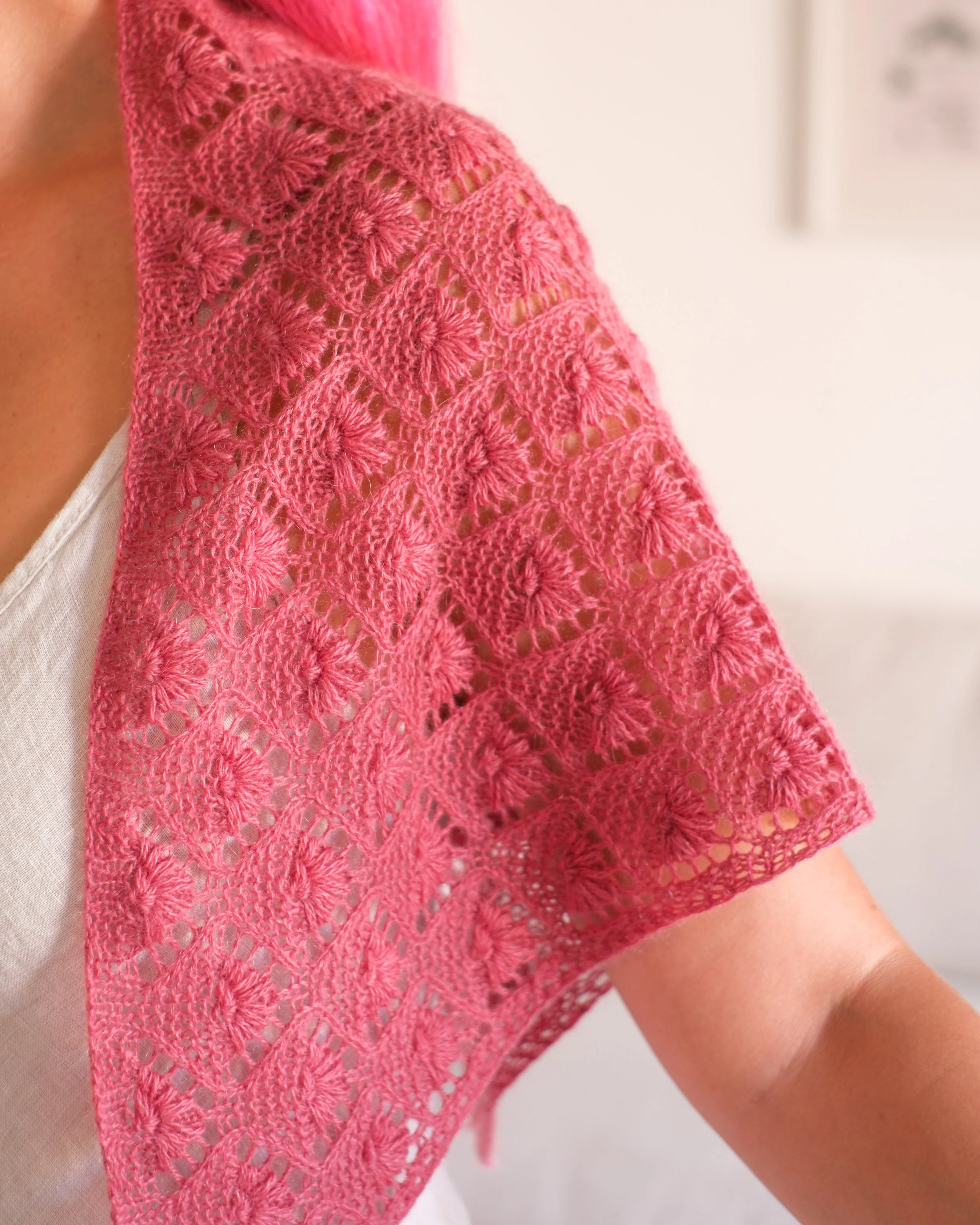 Cyclamen Bandana on a shoulder