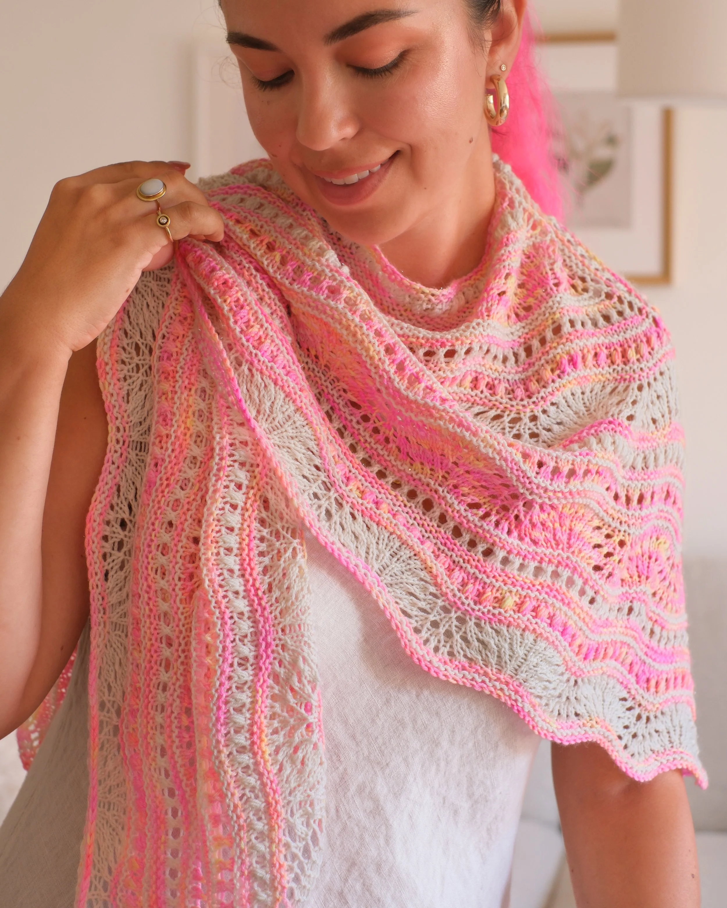 Koa Shawl over one shoulder