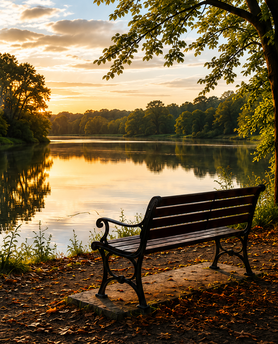 Empty park bench by a lake at sunset