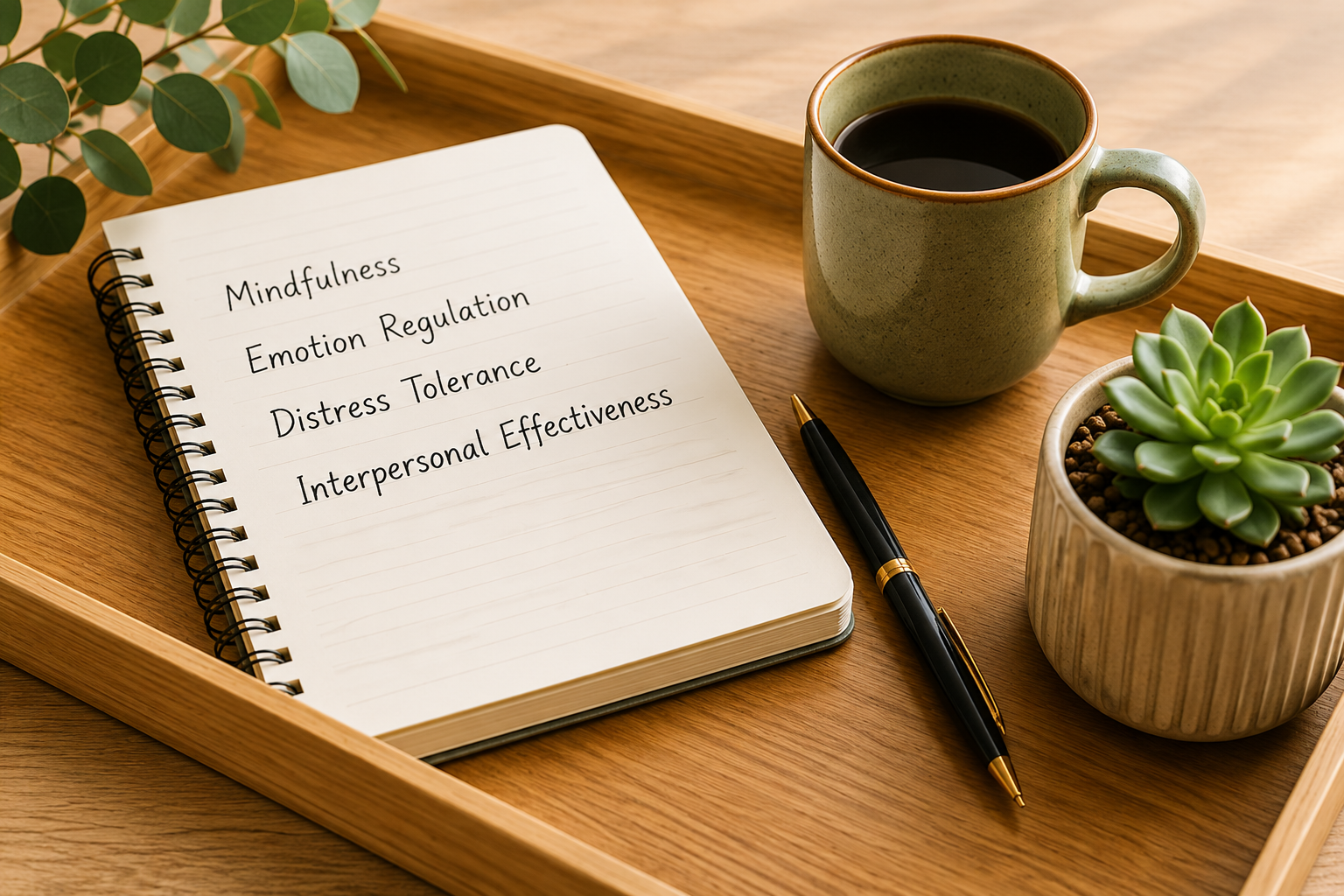 Notebook listing Mindfulness, Emotion Regulation, Distress Tolerance, Interpersonal Effectiveness, with coffee and a succulent