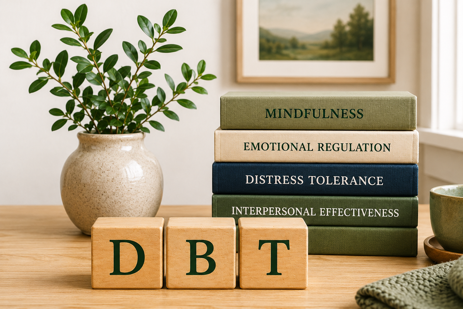 Desk with DBT letter blocks and a plant