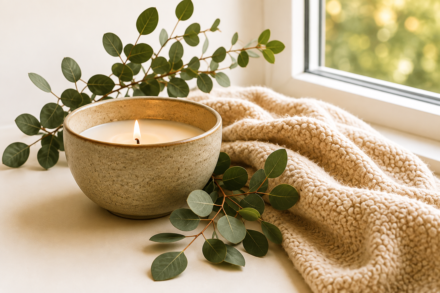 Lit candle with eucalyptus and a soft blanket