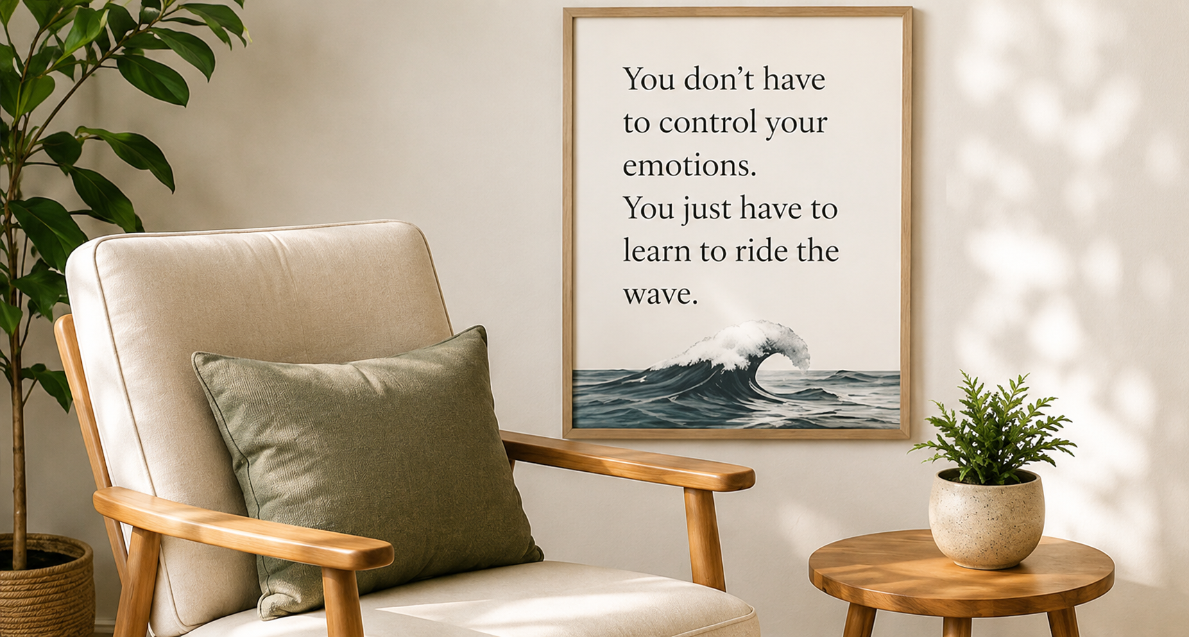 Armchair with wave-print artwork and a plant
