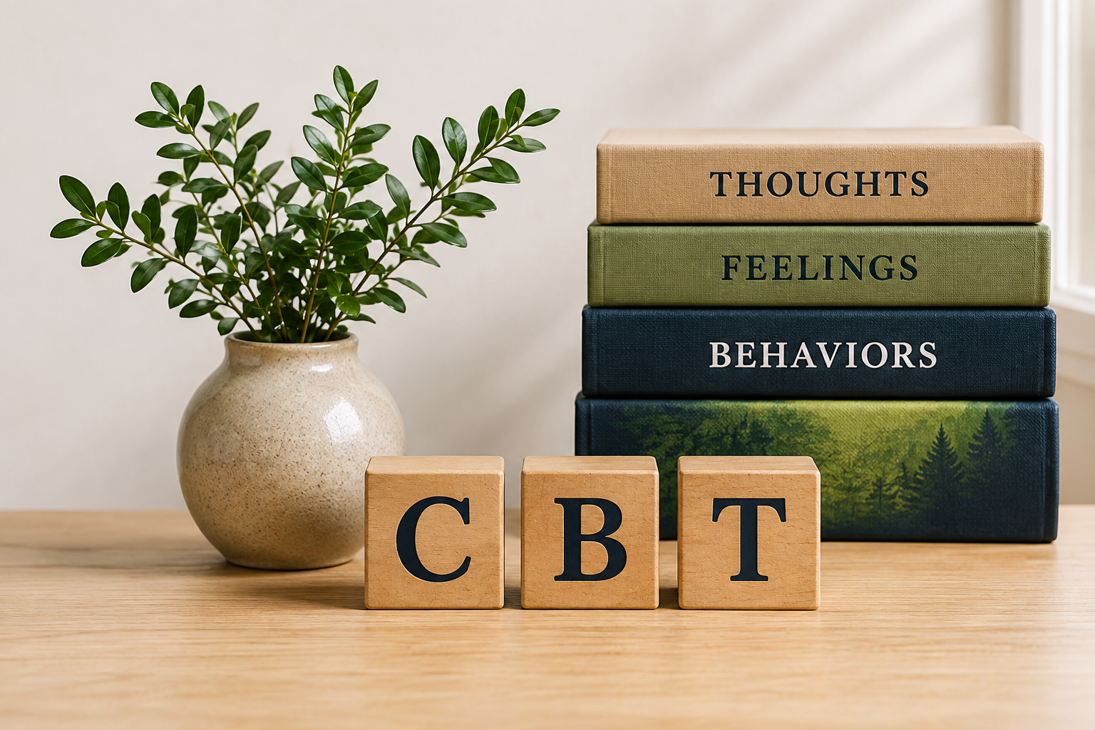 Desk with books labeled Thoughts, Feelings, Behaviors and a plant