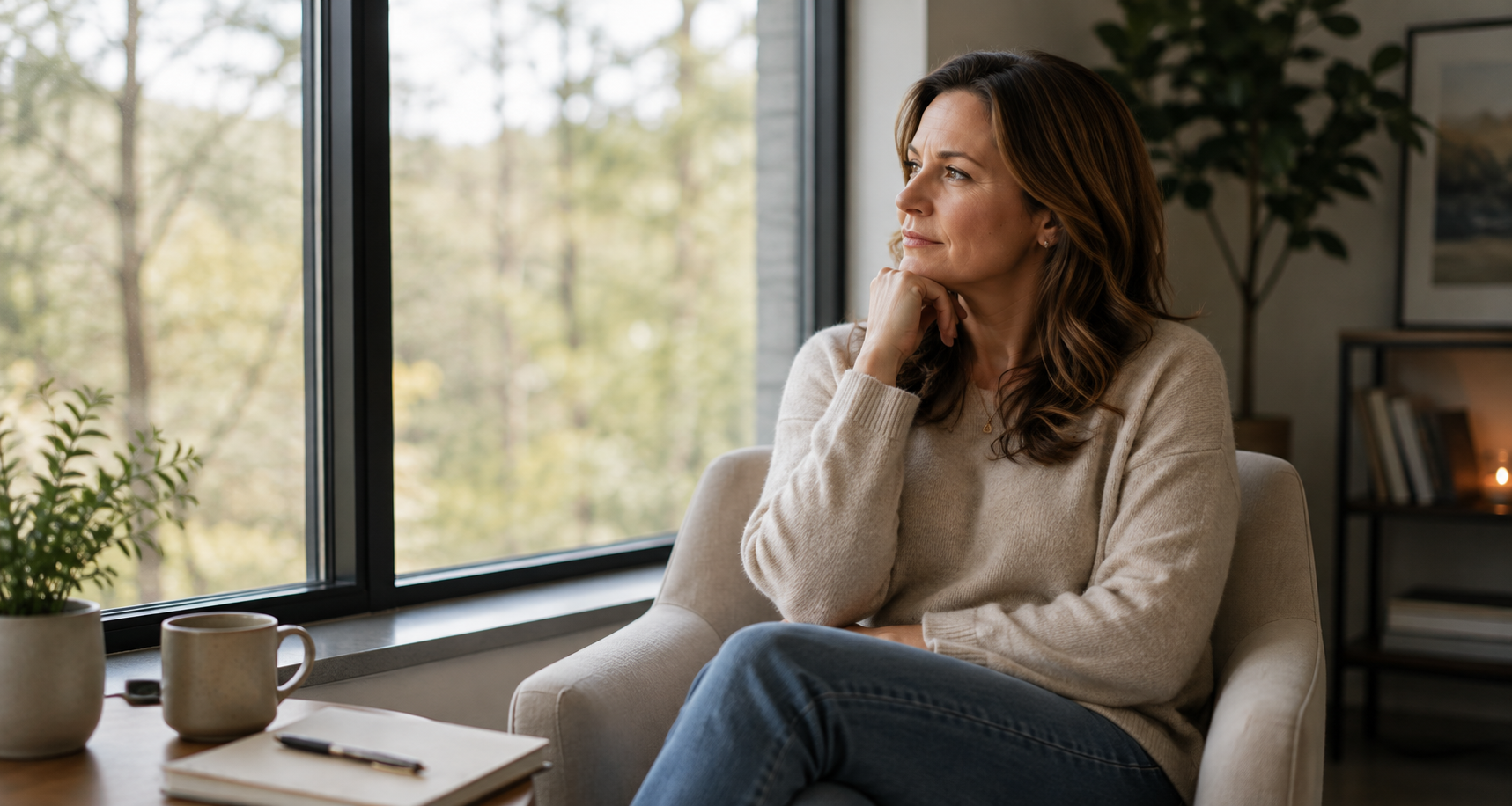 Woman sitting on a couch holding a mug, looking out the window