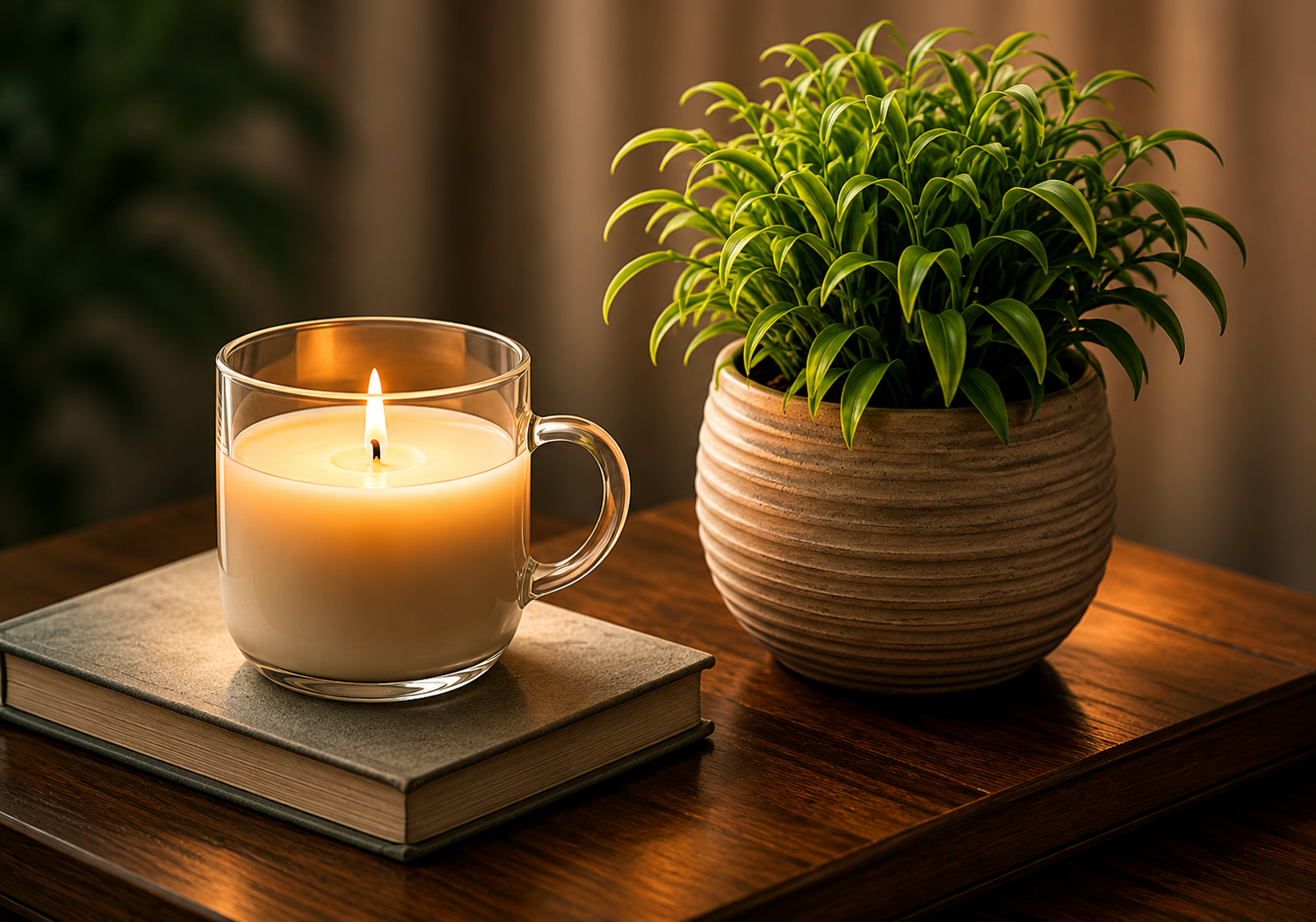 Lit candle and plant on a desk