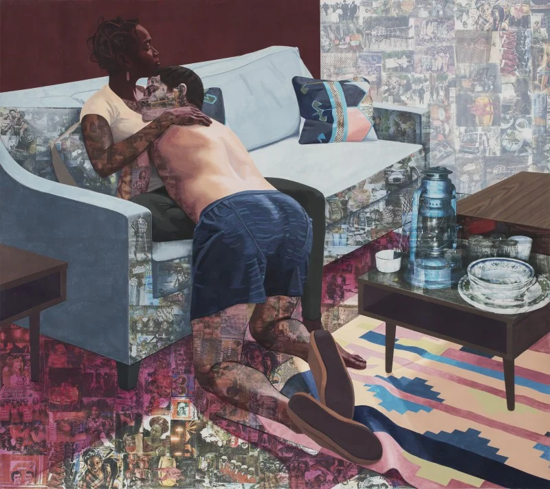 "Ike Ya" 2016. Acrylic paint, colored pencil, charcoal and photo transfers on paper. Collection of The Hammer Museum, Los Angeles. Image courtesy of Njideka Akunyili Crosby.
