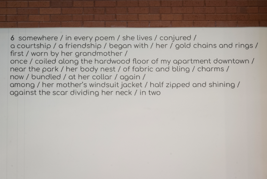 Elese Daniel, incantations for her (stanza 6), 2019. Photo courtesy of the Weston Art Gallery.