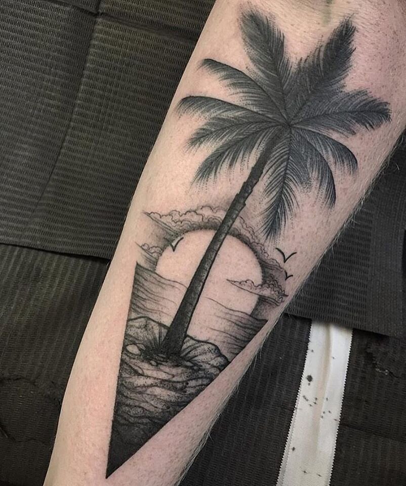 A beach sunset with palm trees Tattoo by Jon Poulson alohasaltlaketattoos  saltlaketattoos saltlakecitytattoo jonpoulson lostvegan  alohasaltlaketattoos  By Aloha Tattoos  Salt Lake City  Facebook