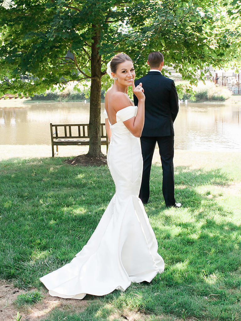 off the shoulder satin wedding dress