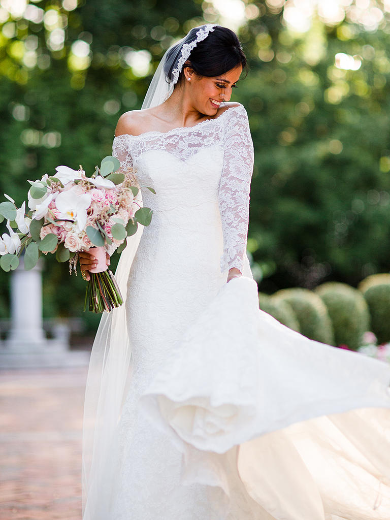 romantic and traditional off the shoulder wedding dress