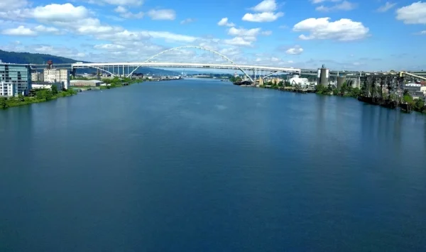 The Fremont Bridge from the middle of the Willamette River.