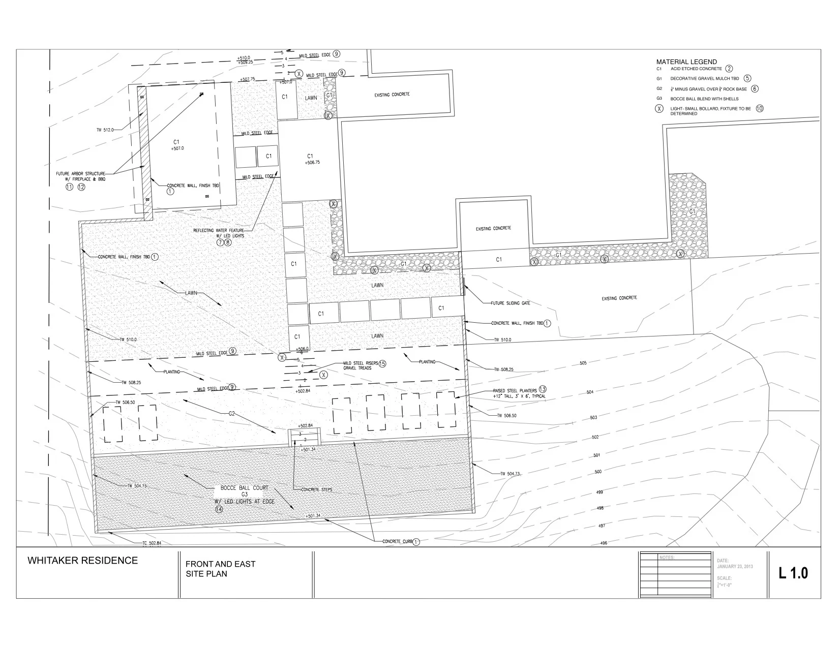 My original design plan, drawn up several years ago. No, we weren’t REALLY going to put in a bocce ball court (and I have no idea how that ever would have worked with our slope)… but the idea was fun!
