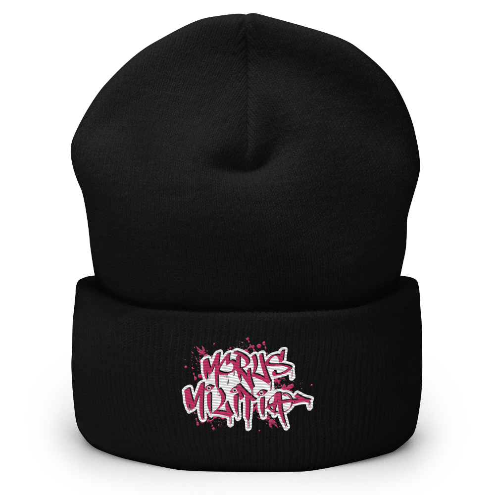 Psychosis Audio’s Morus Militia Beanie from the Psychosis Audio Streetwear Collection featuring psychedelic hip hop culture inspired design for Morus Militia. Front View in Black.