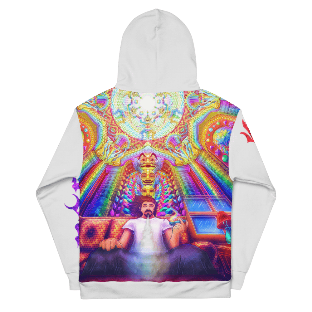 Psychosis Audio’s DMT Hoodie from the Psychosis Audio Streetwear Collection featuring psychedelic hip hop culture inspired design for Morus Militia. Back View 2 in White.