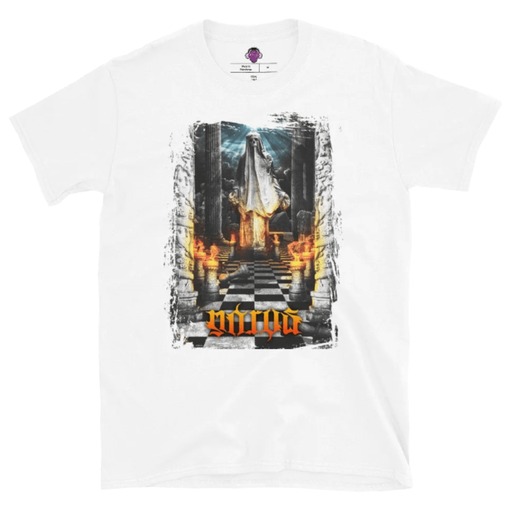 Psychosis Audio’s  Blind Leading The Blind Unisex T-Shirt from the Psychosis Audio Streetwear Collection featuring psychedelic hip hop culture inspired design for Morus Militia. Front View in White.