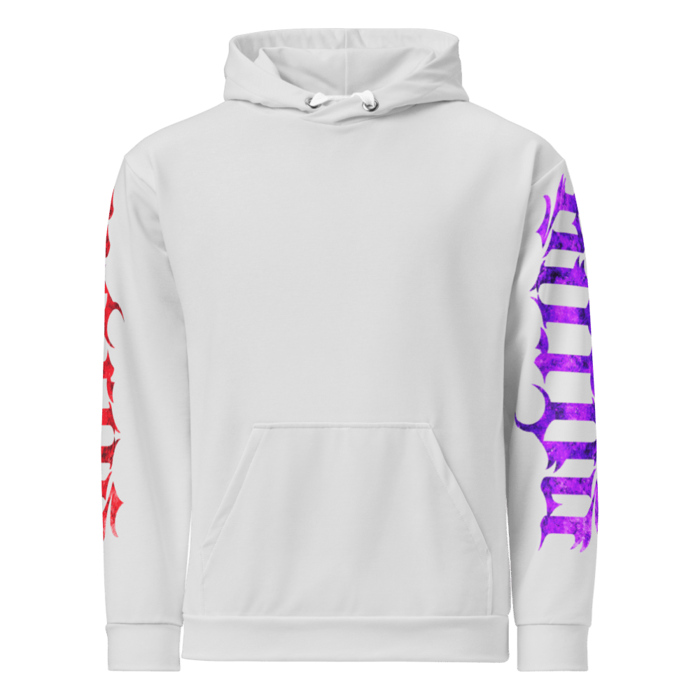 Psychosis Audio’s DMT Hoodie from the Psychosis Audio Streetwear Collection featuring psychedelic hip hop culture inspired design for Morus Militia. Front View in White.