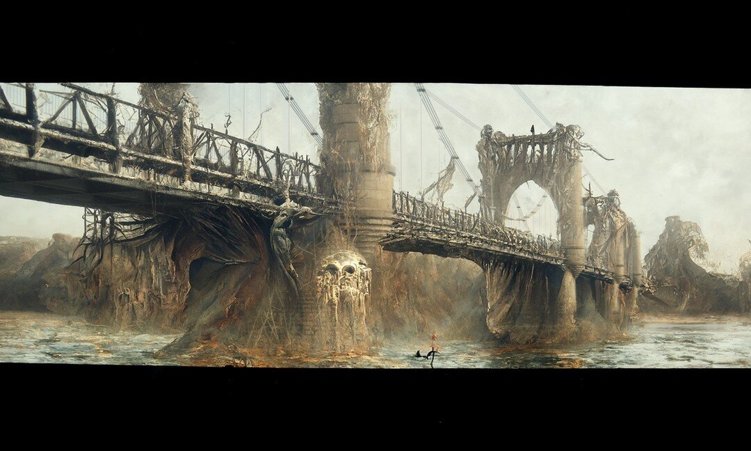 styx bridge , another experiment with photography + AI+ matte painting #conceptart #dark #architecture #digitalart #AI #discodiffusion #landscape #styx #pontdelangeais #anamorphic #hypergonar #vintagelens #mattepainting #krita #bridge #generativeart