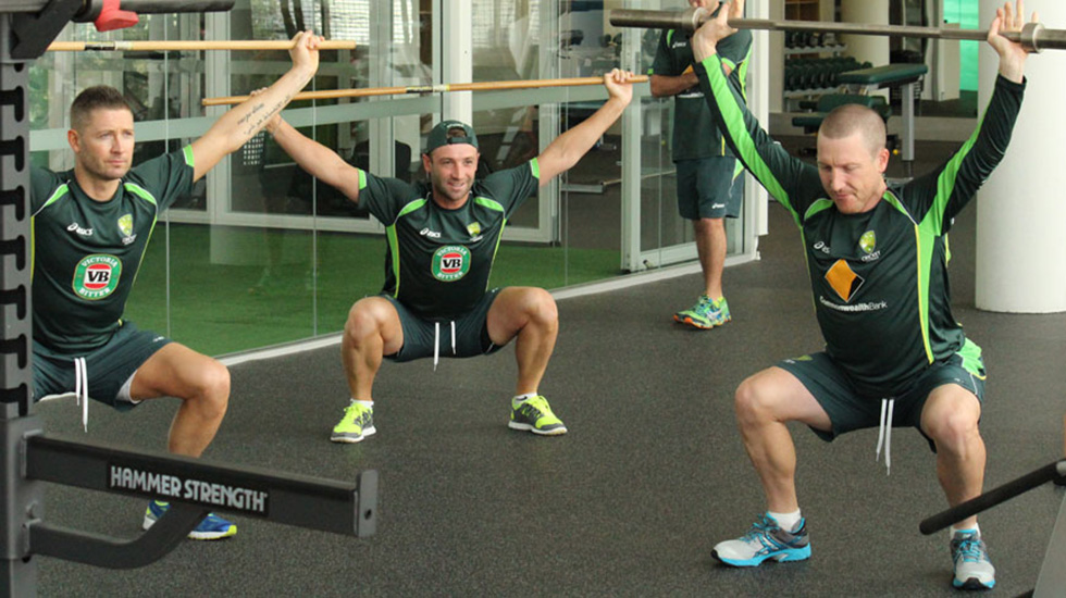 Michael Clarke, Brad Haddin and Phillip Hughes in action doing the snatch