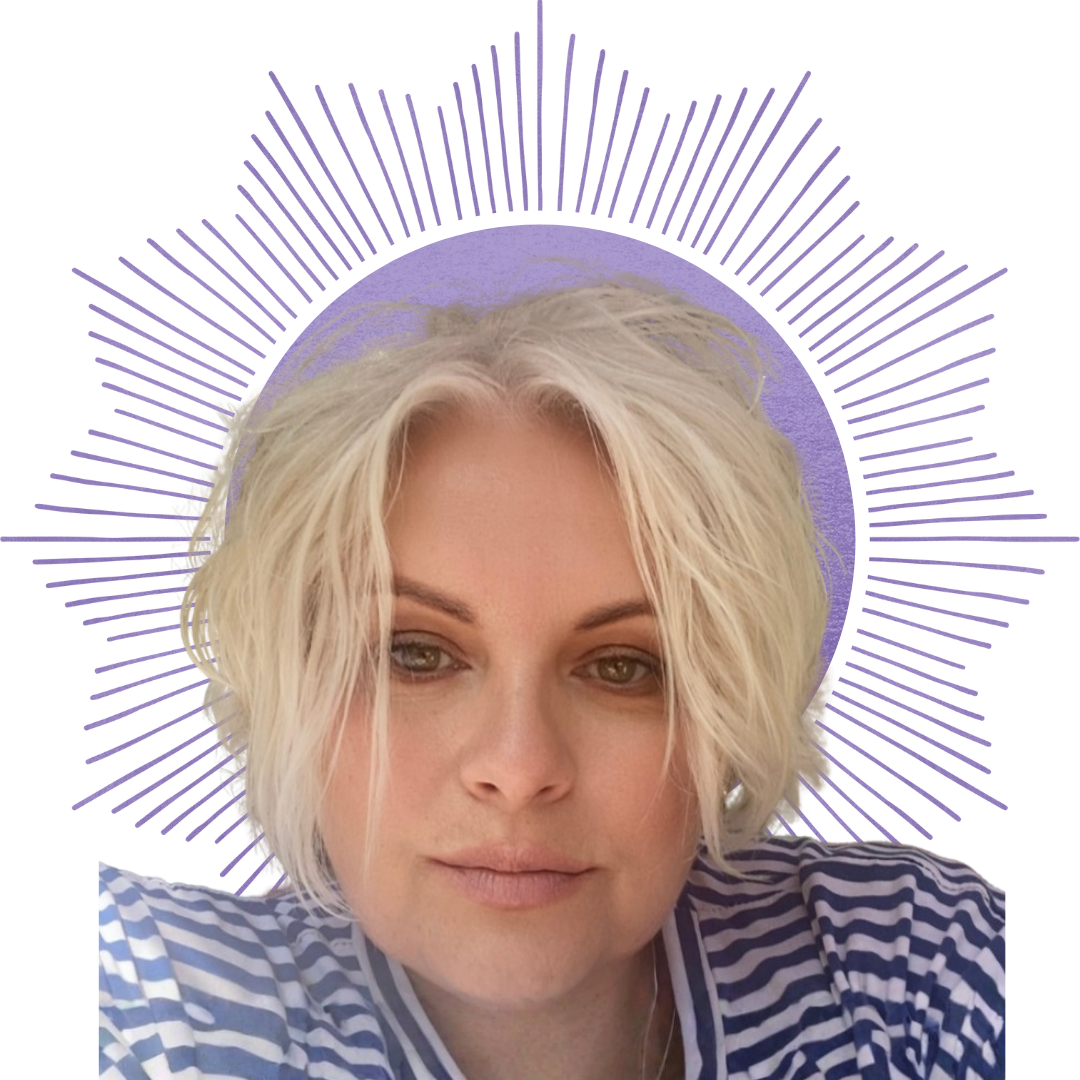 Image of client, India Rose, with Bridget Renee Holliday's solid purple logo behind her. This is a testimonial image.