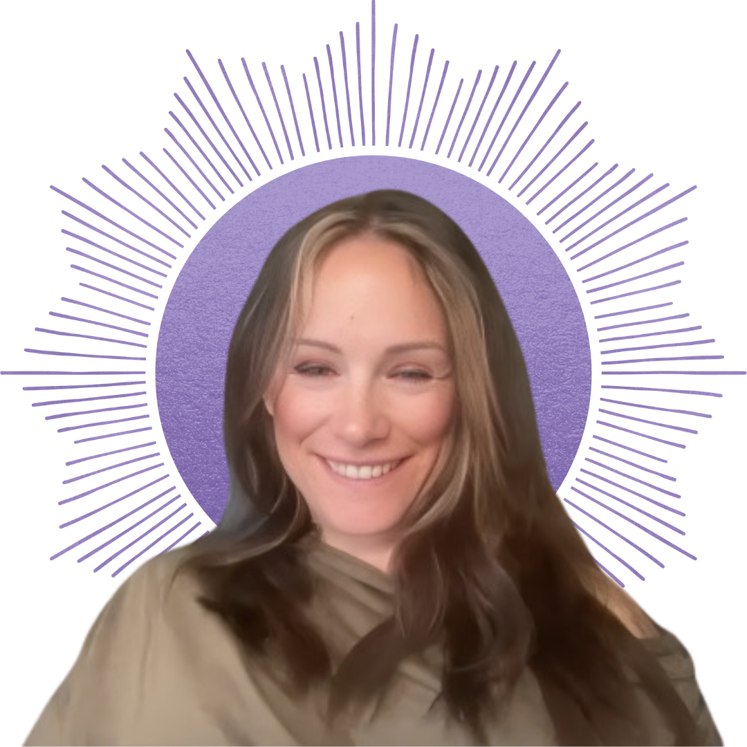 Image of a client, Ally E, with Bridget Renee Holliday's solid purple sunburst logo behind her.