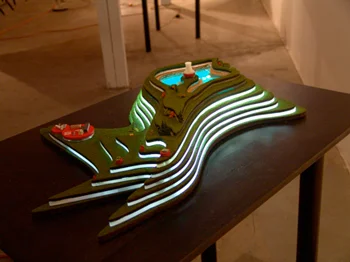 NUCLEAR - Each riser represents a different step, from mining in SK to final generation with cooling pond. A red dot represent the spatial requirement of that step.