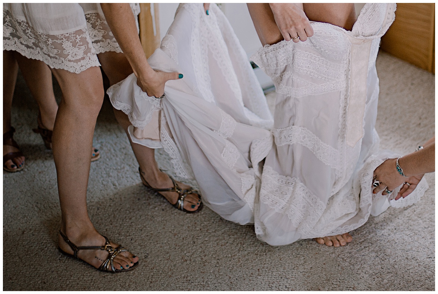 Bride putting on dress, Bride getting ready, intimate colorado wedding photographer, adventurous colorado wedding photographer, marble colorado wedding, marble lodge wedding