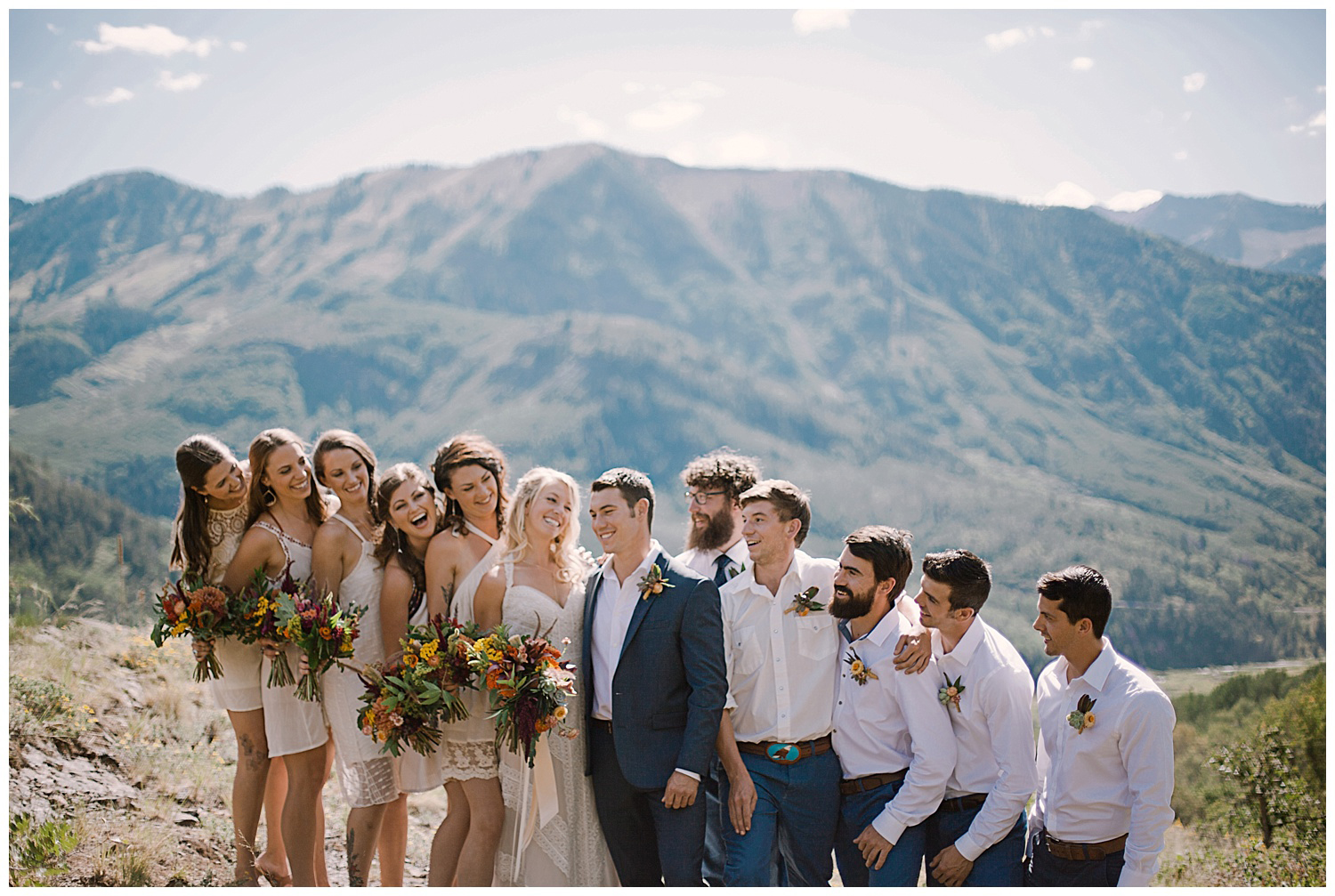bridal party in the mountains, marble colorado wedding, maroon bells wilderness wedding, adventurous colorado wedding photographer, adventure wedding, marble lodge wedding