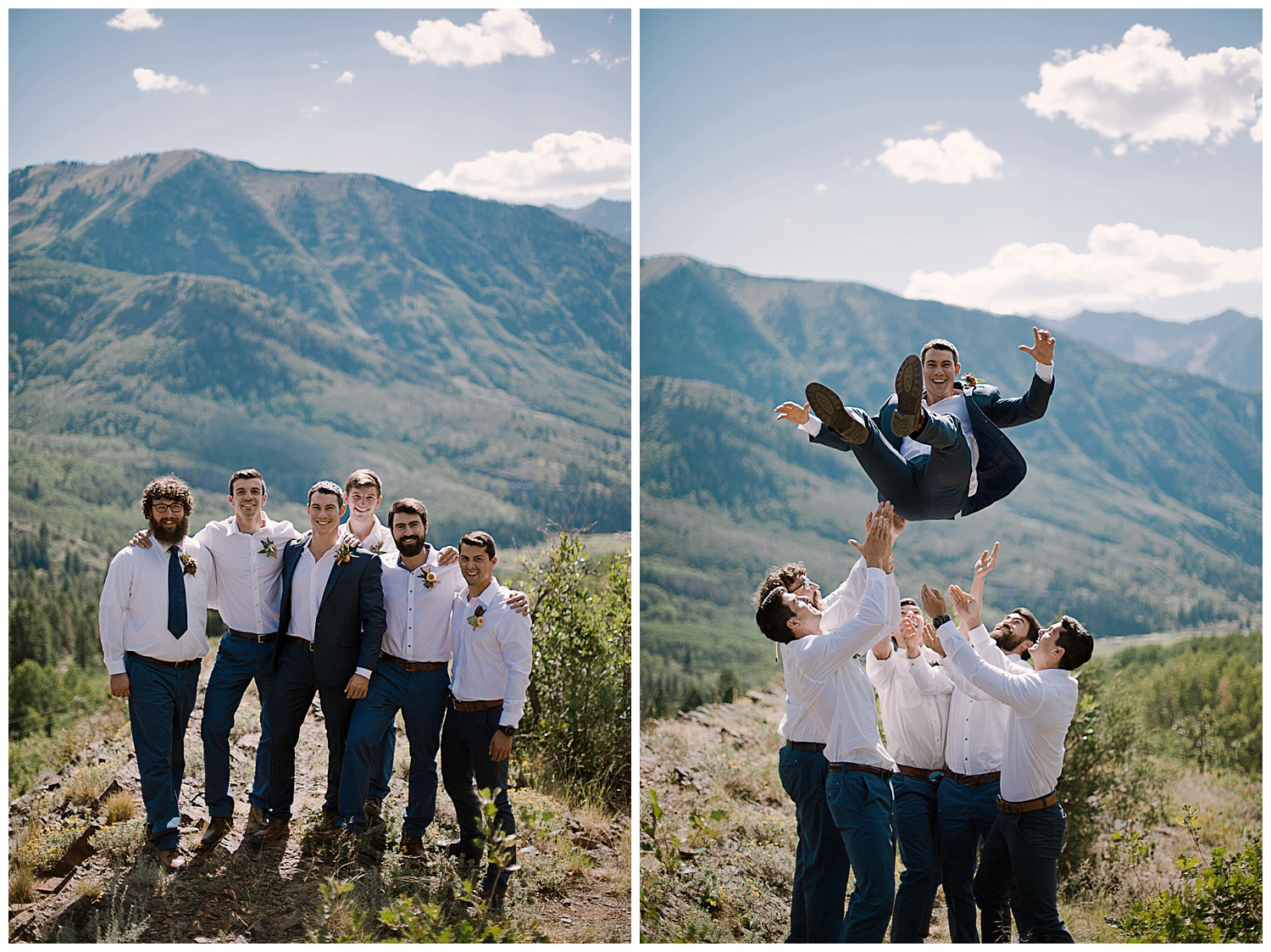 groom and groomsmen in the mountains, marble colorado wedding, marble lodge wedding, maroon bells wilderness wedding, adventurous colorado wedding photographer, adventure wedding