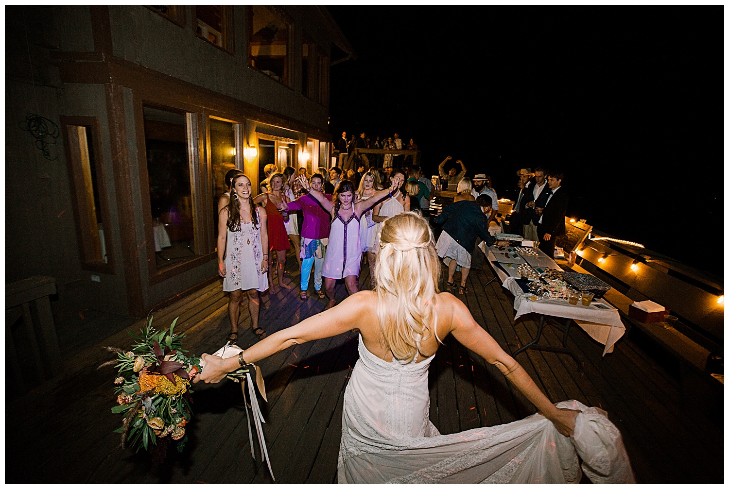 bride bouquet toss, outdoor colorado wedding, marble lodge wedding, marble colorado wedding, adventurous colorado wedding photographer