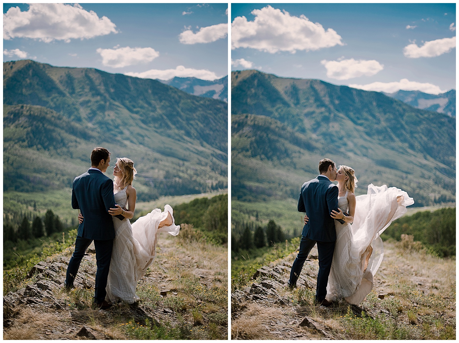 bride and groom hiking in the mountains, marble colorado wedding, maroon bells wilderness wedding, adventurous colorado wedding photographer, adventure wedding, marble lodge wedding