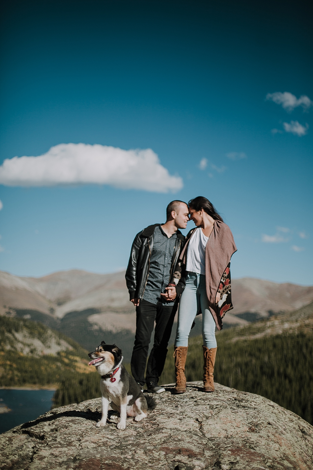 couple posing with dog, breckenridge colorado wedding photographer, breckenridge colorado elopement photographer, hiking photographer, maui wedding photographer, maui elopement photographer