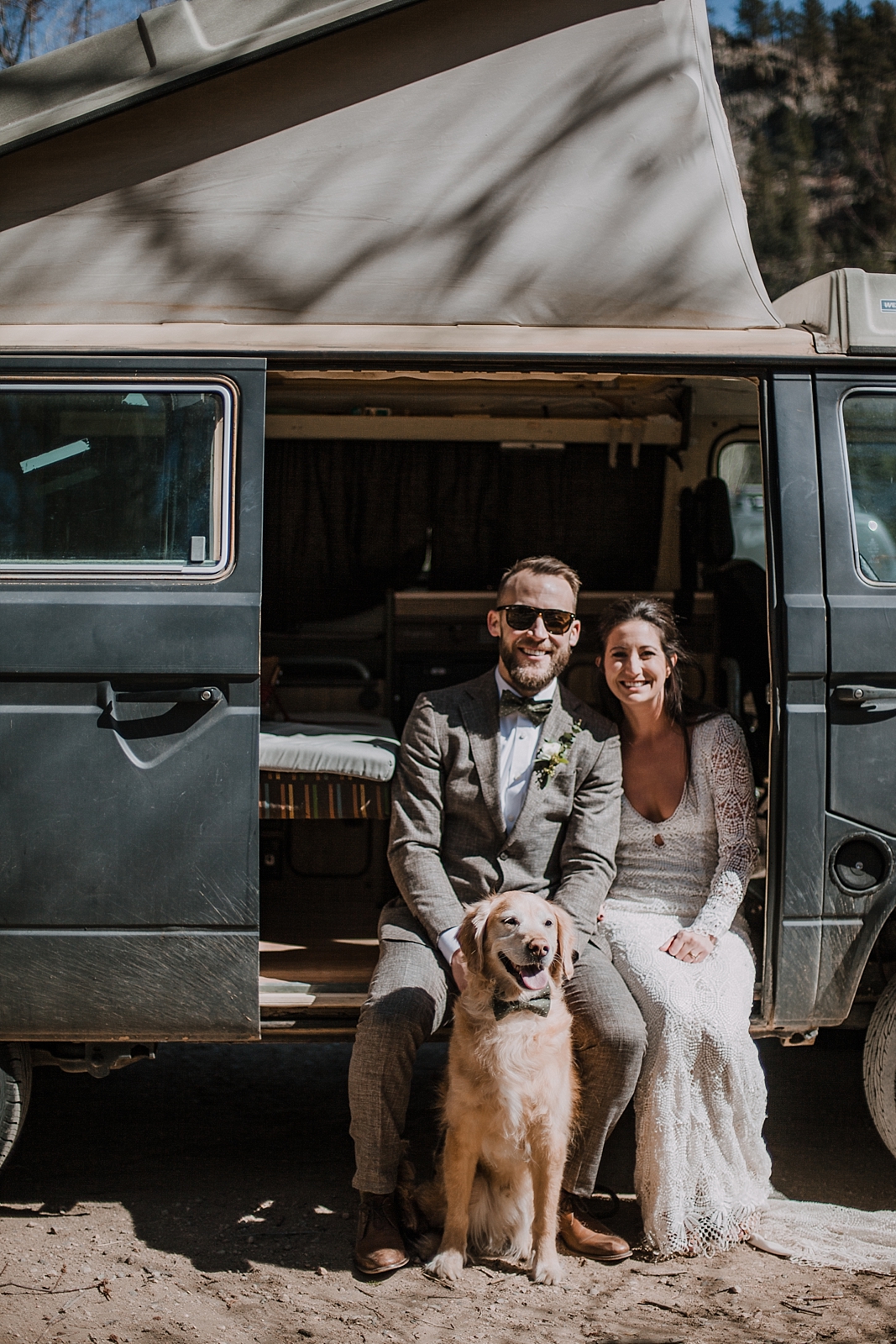 bride and groom with dog, self solemnizing elopement, gateway natural area elopement, seaman reservoir elopement, fort collins colorado elopement, colorado elopement, westfalia van elopement