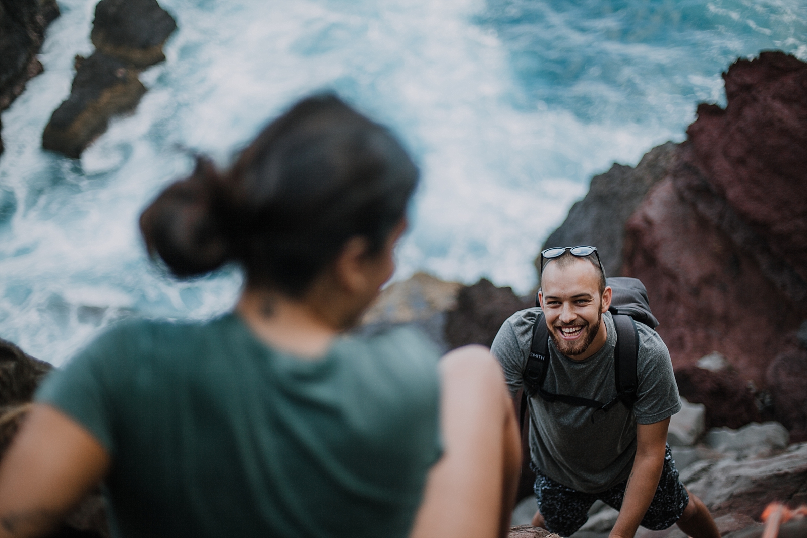 climbing in maui, maui cliffside, hawaiian cliffside, maui elopement photographer, maui wedding photographer, maui adventure, maui hiking, maui hawaii hiking, maui tide pool, alexis russell ring