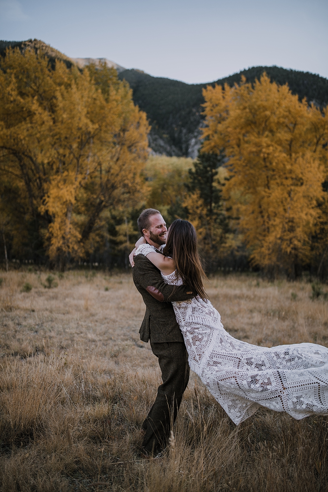 rue de seine dress, couple hiking, norway elopement, post elopement celebration, wedding in the woods, buena vista elopement, buena vista wedding, nathrop colorado wedding, adventurous elopement