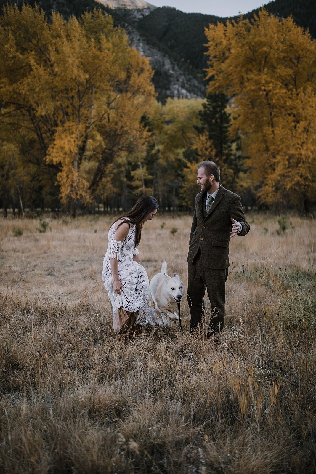 blue eyed husky, couple hiking, norway elopement, post elopement celebration, wedding in the woods, buena vista elopement, buena vista wedding, nathrop colorado wedding, elope with your dog