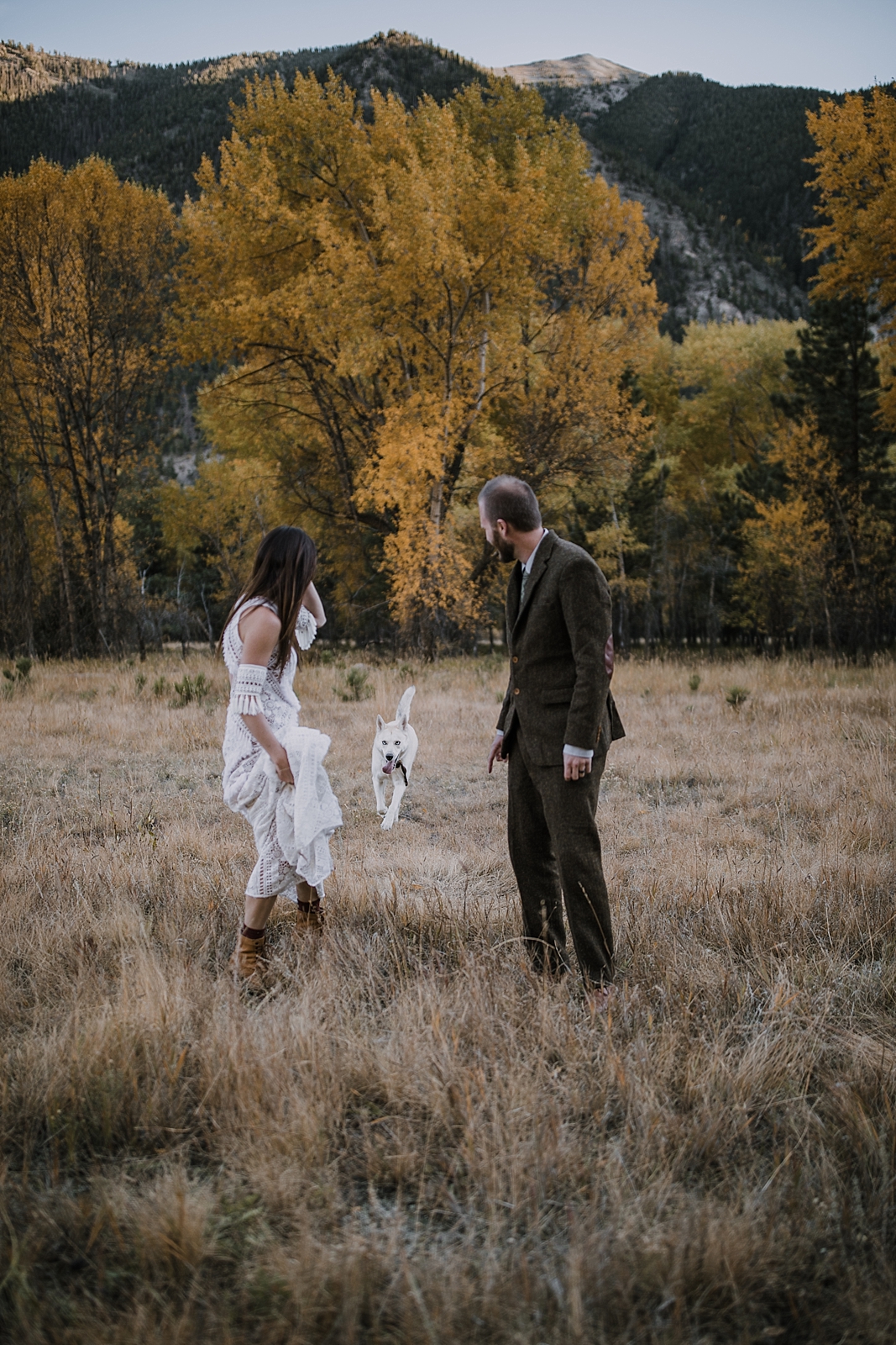 blue eyed husky, couple hiking, norway elopement, post elopement celebration, wedding in the woods, buena vista elopement, buena vista wedding, nathrop colorado wedding, elope with your dog