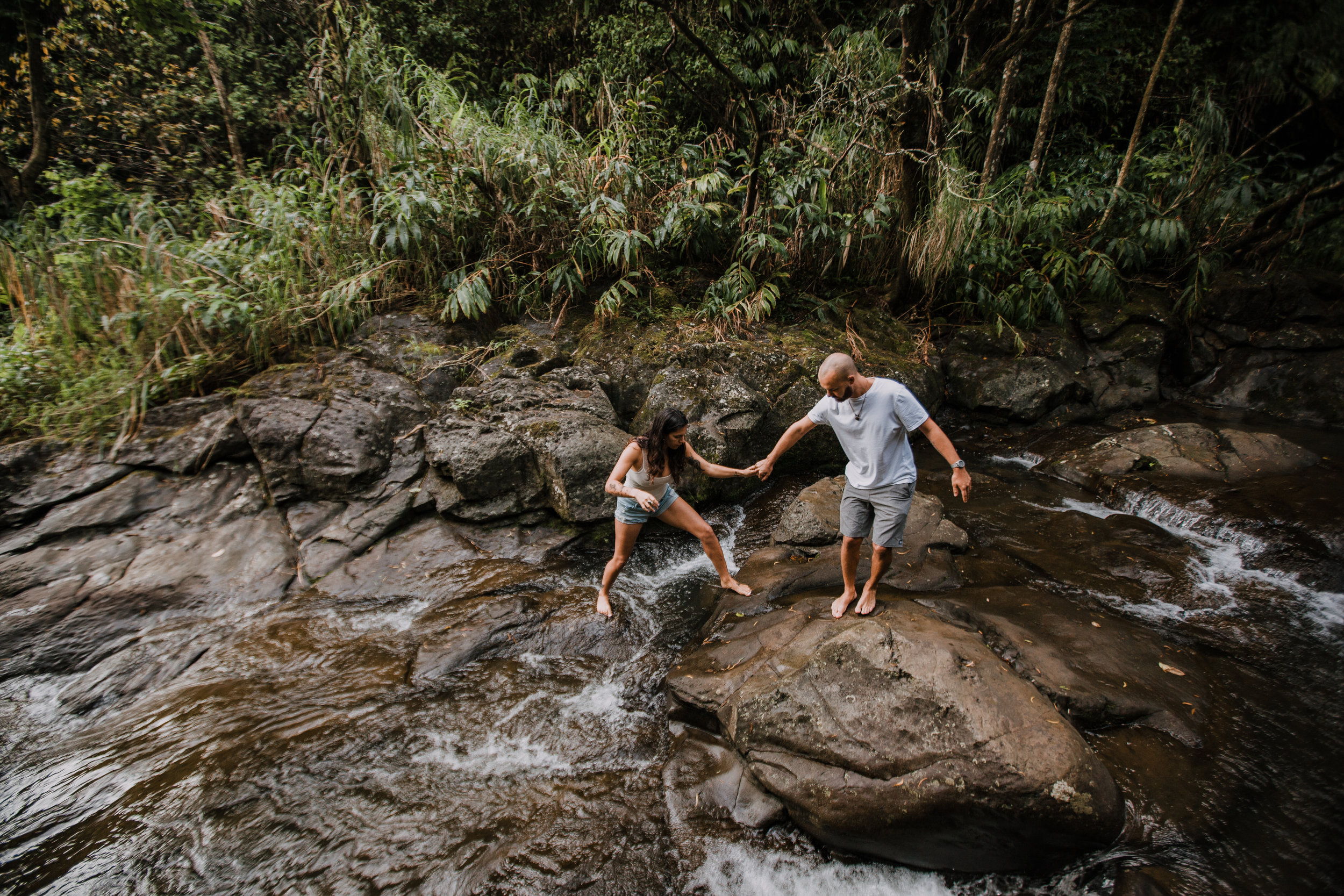 island couple hiking, hawaii waterfall, road to hana, maui waterfall, hawaii wedding photographer, hawaii elopement photographer, maui wedding, maui engagements, maui elopement, maui jungle