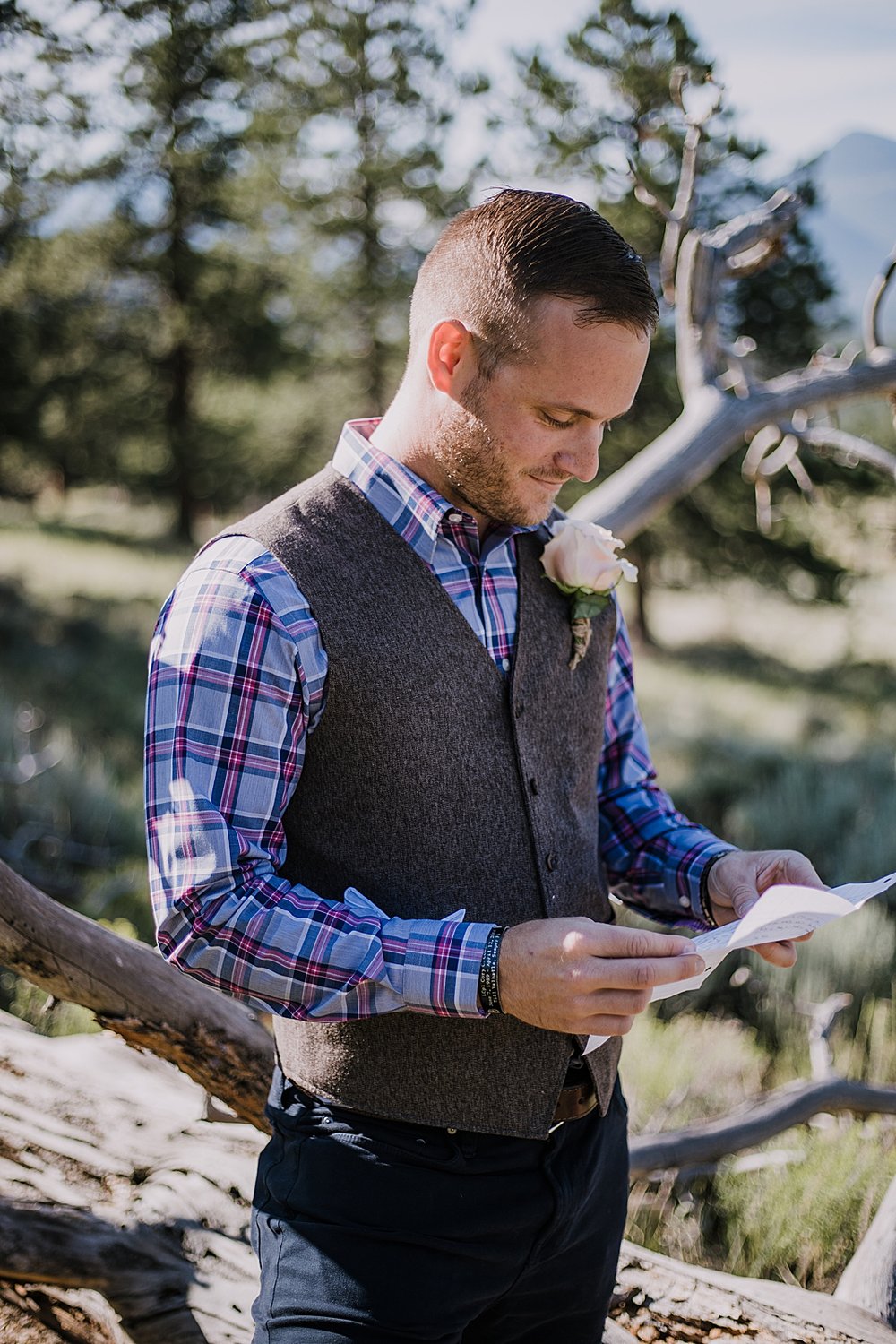 national park ranger groom, rocky mountain national park elopement, 3M curves elopement, self solemnizing, self solemnization, long's peak ceremony, hiking elopement, estes park elopement