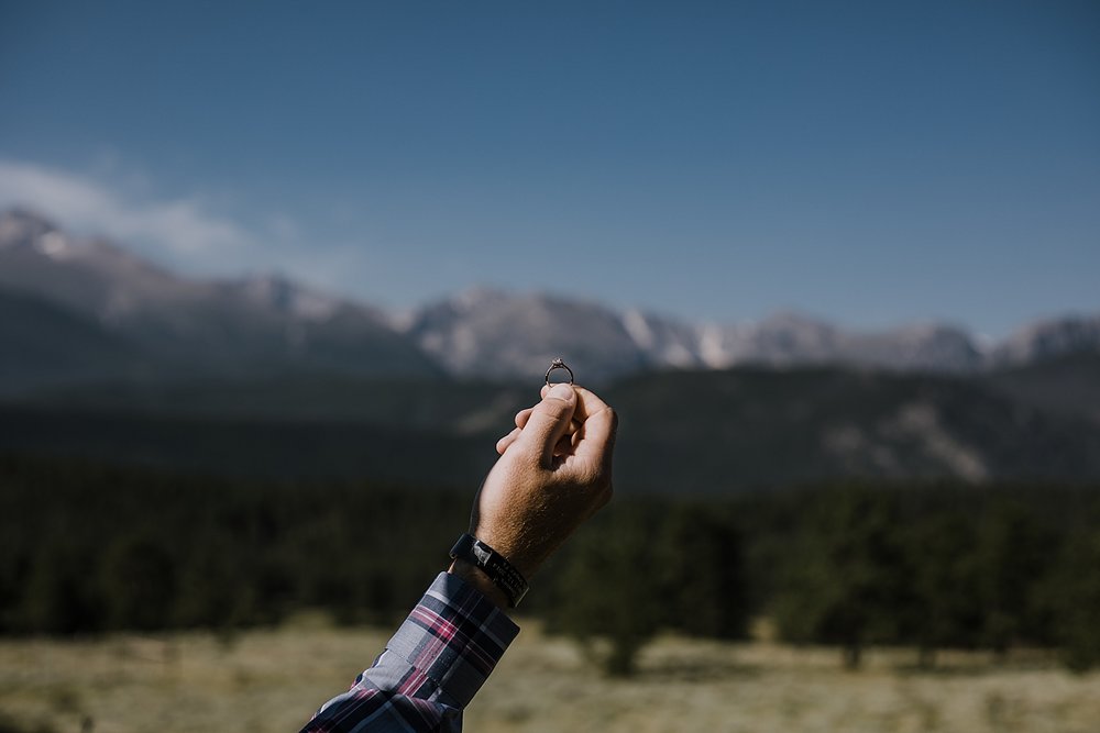 kay jewelers wedding ring, rocky mountain national park elopement, 3M curves elopement, self solemnizing, self solemnization, long's peak ceremony, hiking elopement, estes park elopement