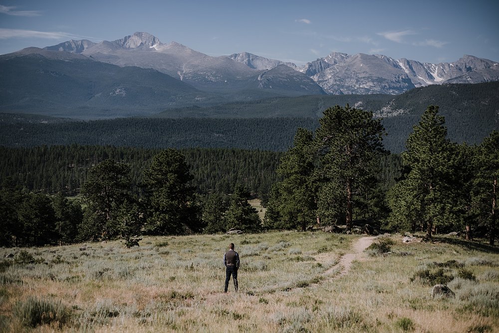 groom waiting, rocky mountain national park elopement, 3M curves elopement, self solemnizing, self solemnization, long's peak ceremony, hiking elopement, estes park elopement