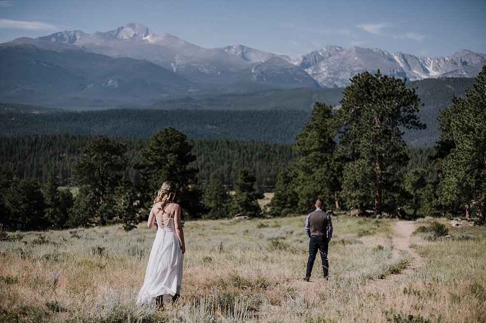 wedding couple first look, rocky mountain national park elopement, 3M curves elopement, self solemnizing, self solemnization, long's peak ceremony, hiking elopement, estes park elopement