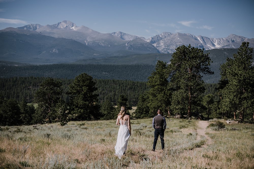wedding couple first look, rocky mountain national park elopement, 3M curves elopement, self solemnizing, self solemnization, long's peak ceremony, hiking elopement, estes park elopement
