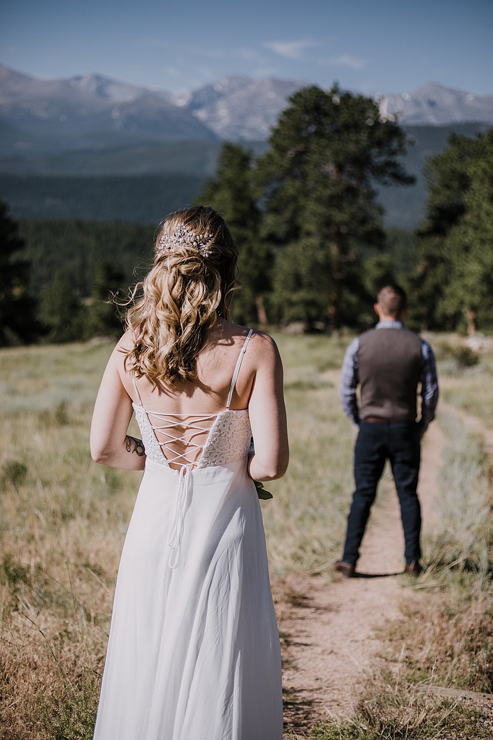 elopement couple first look, rocky mountain national park elopement, 3M curves elopement, self solemnizing, self solemnization, long's peak ceremony, hiking elopement, estes park elopement