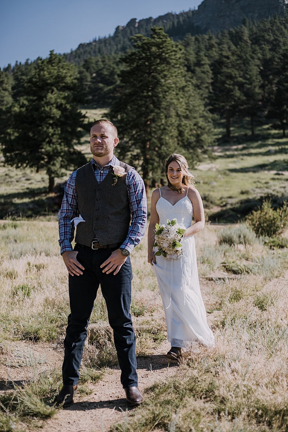 elopement couple first look, rocky mountain national park elopement, 3M curves elopement, self solemnizing, self solemnization, long's peak ceremony, hiking elopement, estes park elopement