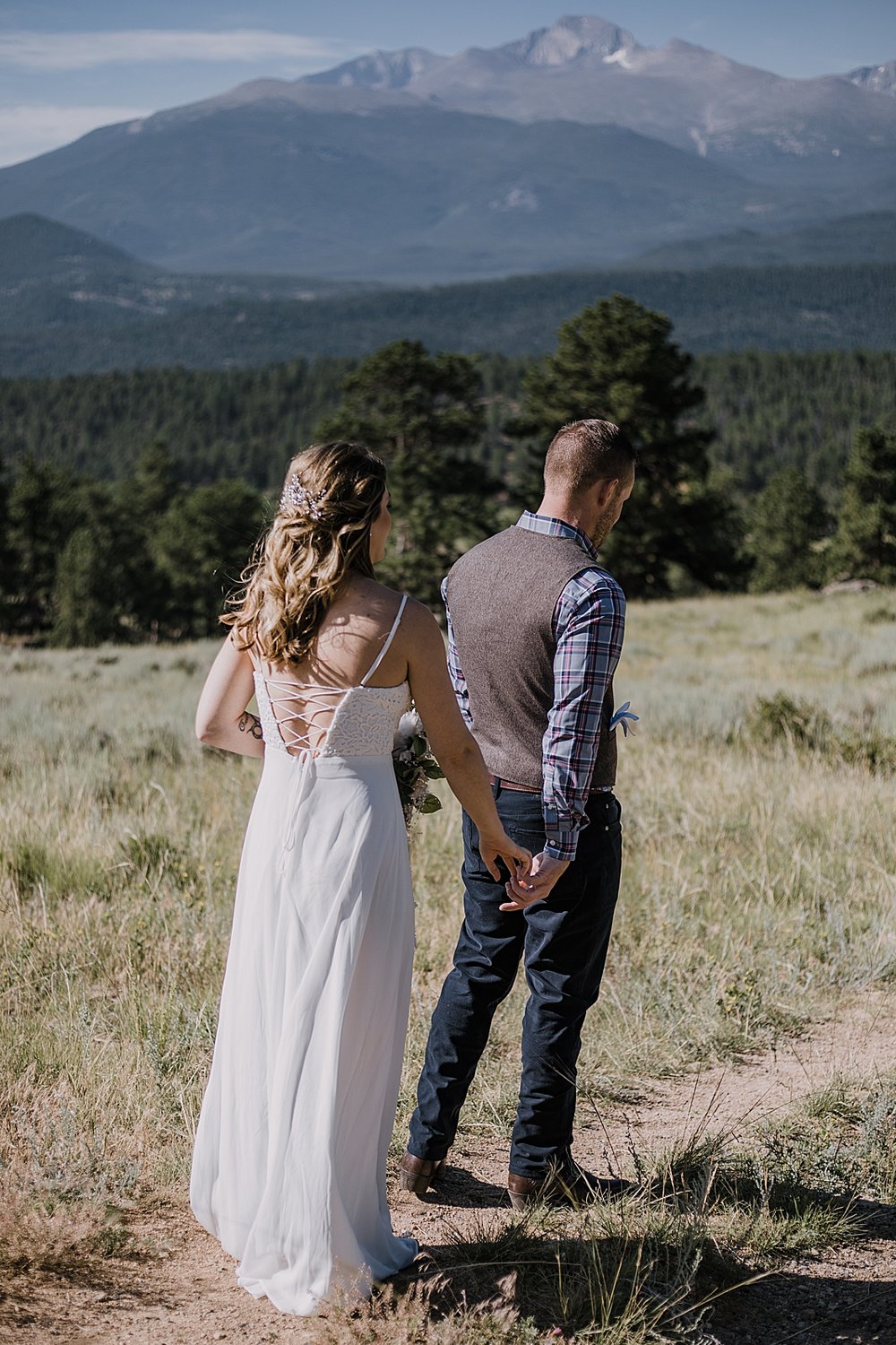 elopement couple first look, rocky mountain national park elopement, 3M curves elopement, self solemnizing, self solemnization, long's peak ceremony, hiking elopement, estes park elopement